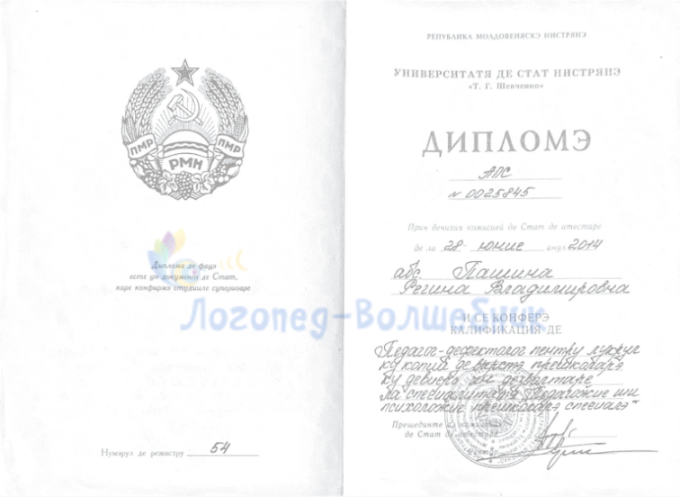 Диплом о высшем образовании на румынском языке Пашина Регина Владимировна