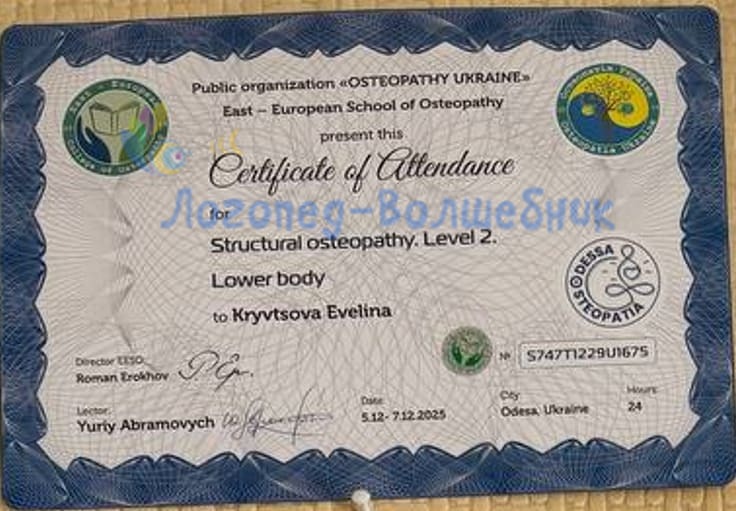 Сертификат Structural osteopathy Level 2 Lower body — Кривцова Эвелина