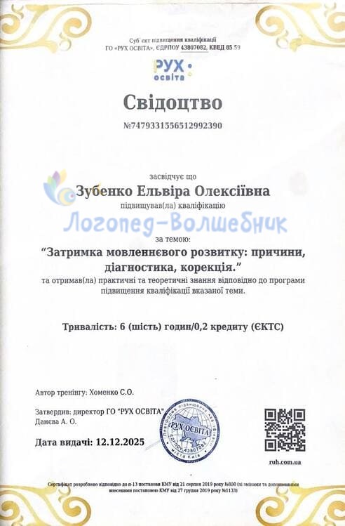 Свідоцтво Зубенко Ельвіра "Затримка мовлєннєвого розвитку"
